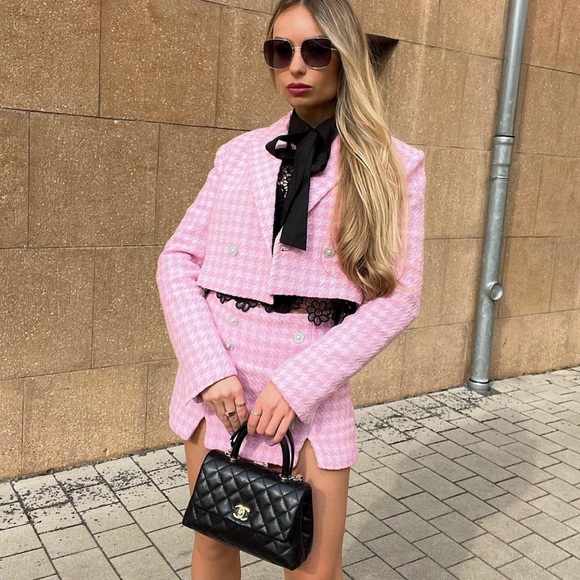 ZARA  SET TEXTURED HOUNDSTOOTH BLAZER + SKIRT - Picture 2 of 8